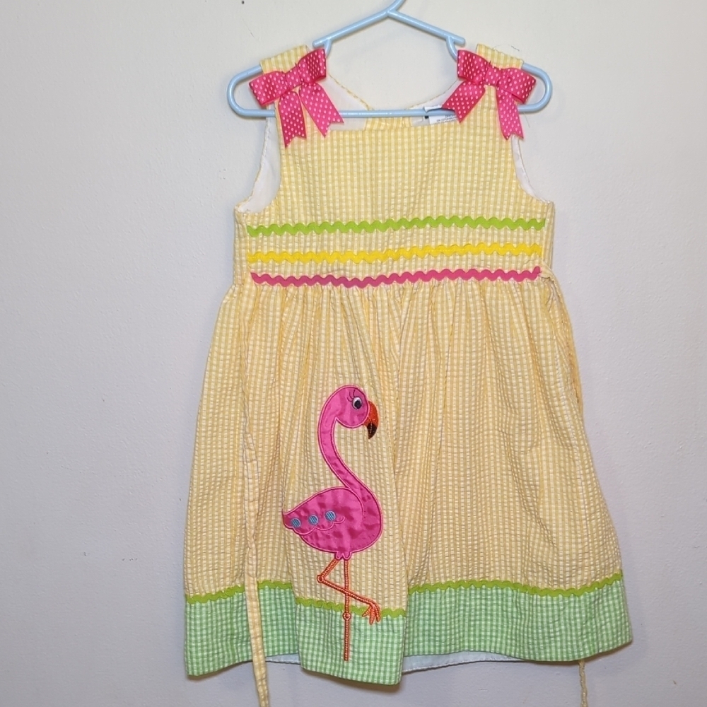 Rare Editions Yellow Gingham Sundress Pink Flamingo Ricrac Trim Girls Size 4